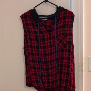 Red and Black Plaid Sleeveless Hoodie